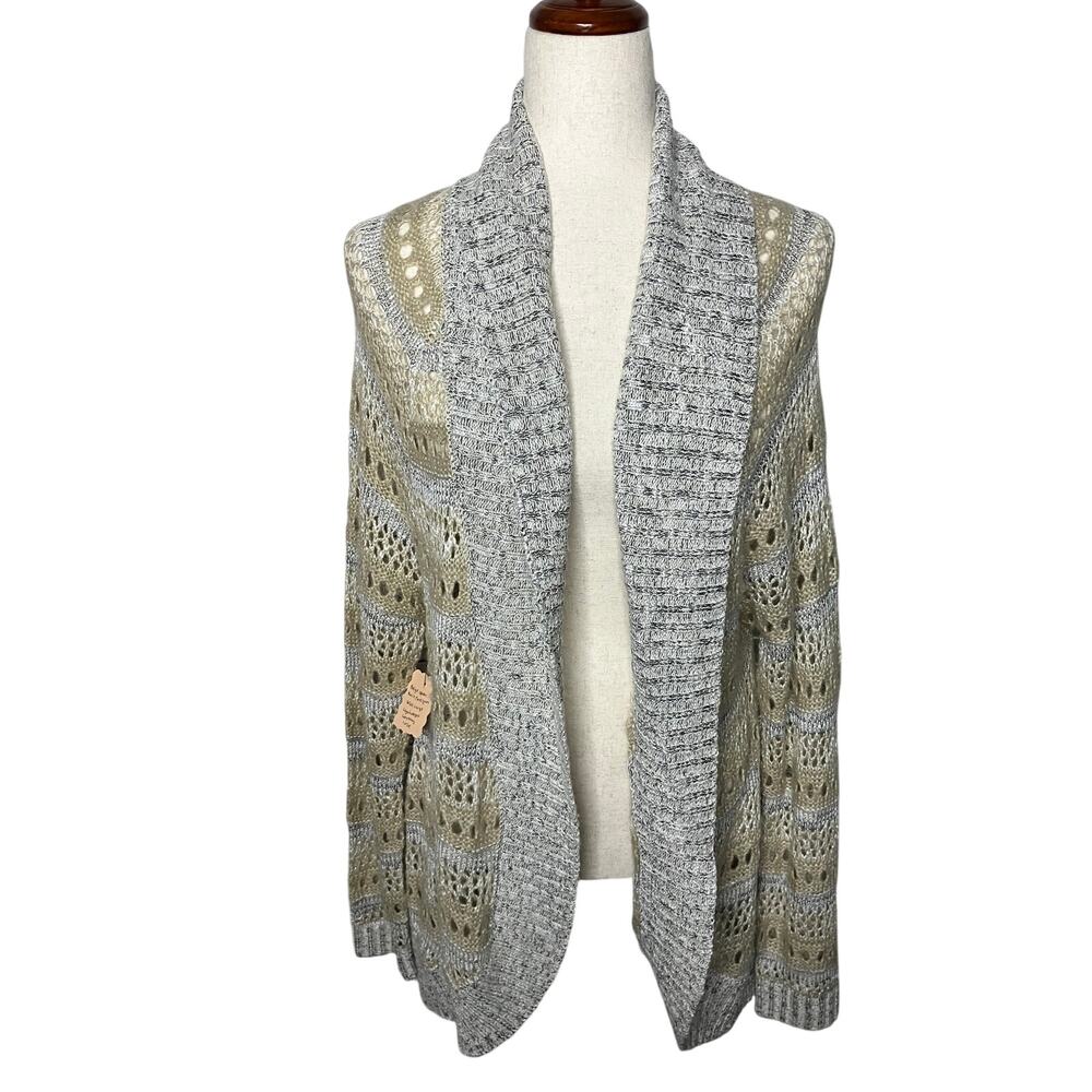Nine West America Large Open Knit Cardigan Gray Cream Boho Shawl Collar